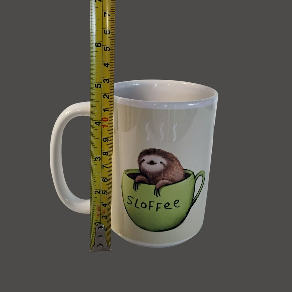 Sloth-Themed "Sloffee" Ceramic Mug By Society6, White With Green Cup Design - Picture 5 of 7